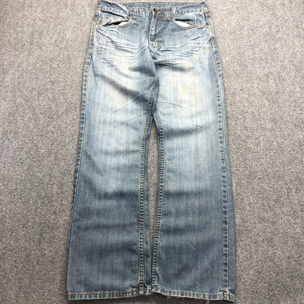 Y2K Bootcut Men Jeans Medium Wash Distressed 32x32 Blue Denim